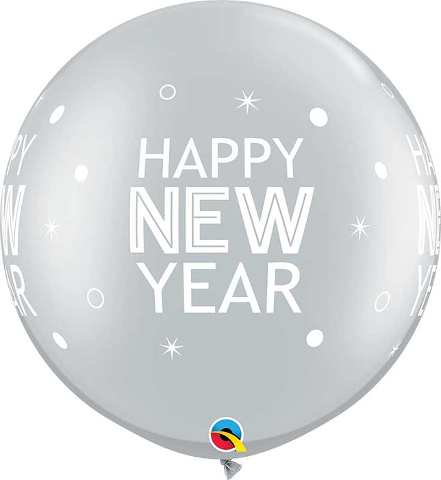 30" Happy New Year Sparkles & Dots Silver Printed Latex Balloons by Qualatex