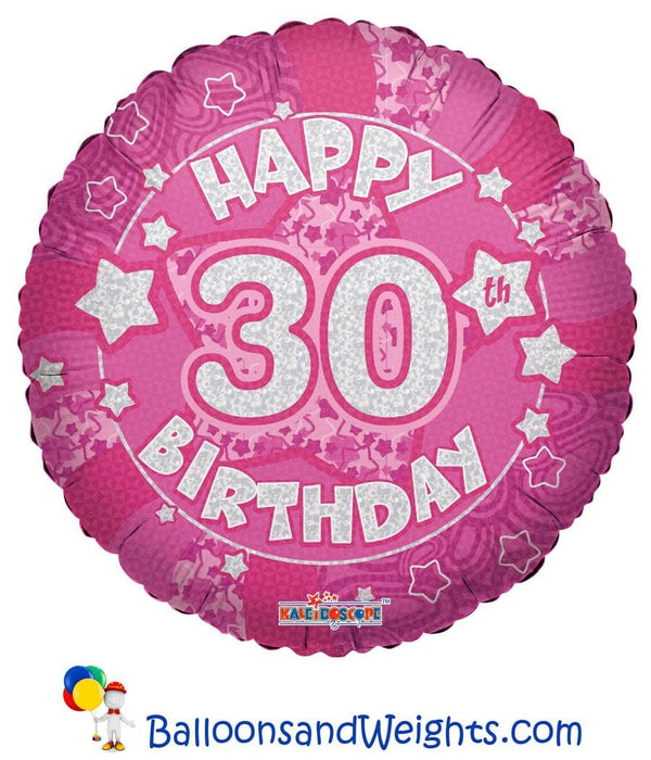 18 Inch Holographic Pink Happy 30th Birthday Foil Balloon | 100 pcs