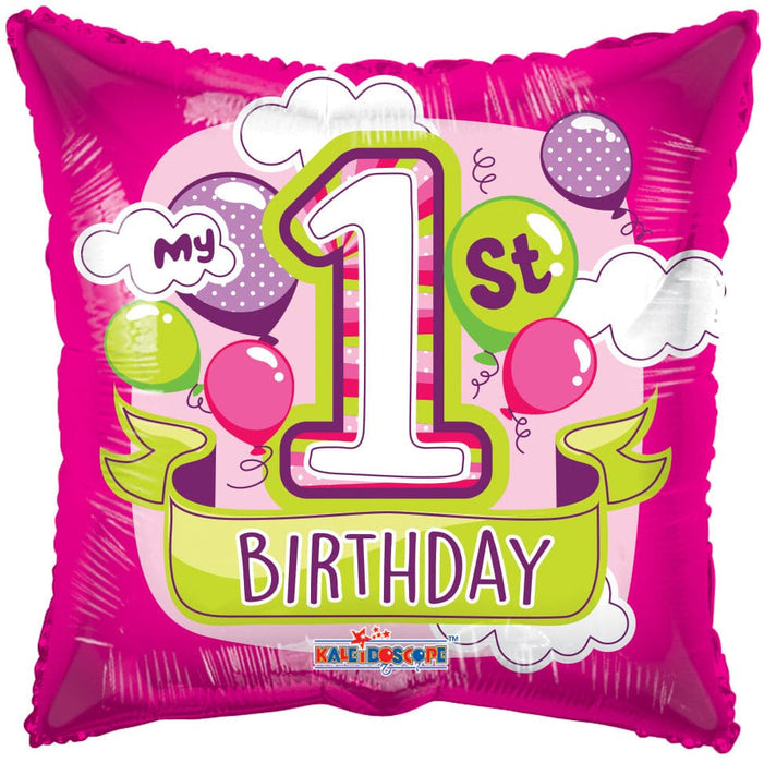 18" Square 1st Birthday Girl Foil Balloons Gellibean | 100 pcs
