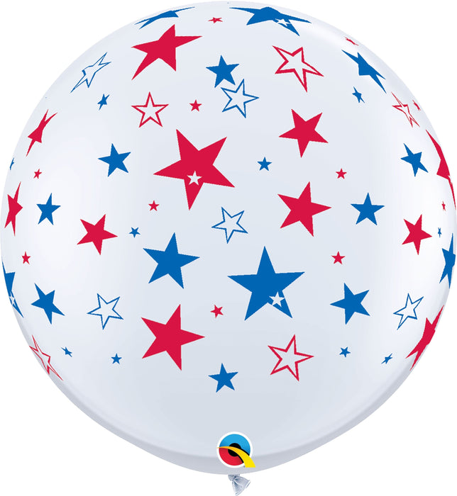 White w/ Red & Blue Patriotic Stars Printed Latex Balloons by Qualatex