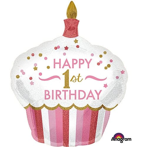 36 Inch 1st Birthday Cupcake Girl Jumbo Foil Balloon