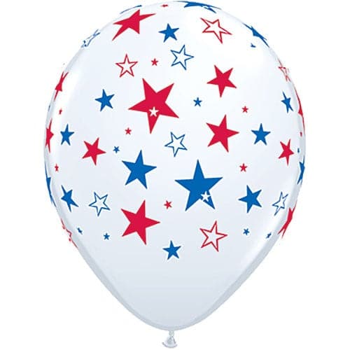 White w/ Red & Blue Patriotic Stars Printed Latex Balloons by Qualatex