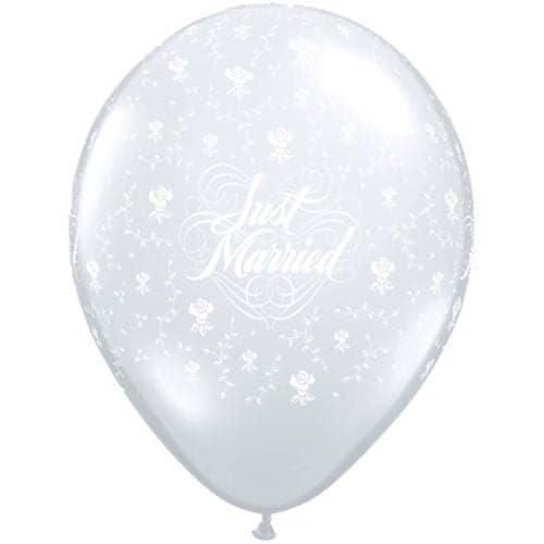 Just Married on Diamond Clear Printed Latex Balloons by Qualatex