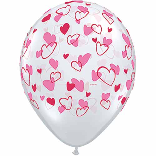 11" Red & Pink Hearts on Diamond Clear Printed Latex Balloons by Qualatex