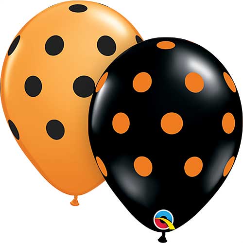 11" Big Polka Dots Orange & Black Printed Latex Balloons by Qualatex