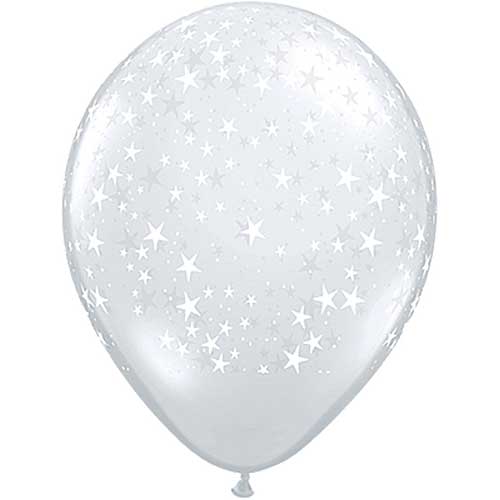 16" White Stars All Around On Diamond Clear Printed Latex Balloons by Qualatex