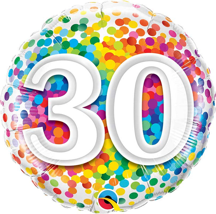 18 Inch Number 30 Rainbow Confetti Dots Birthday Foil Balloon