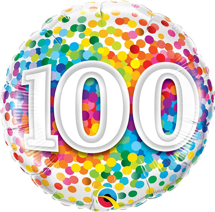18 Inch Number 100 Rainbow Confetti Dots Birthday Foil Balloon