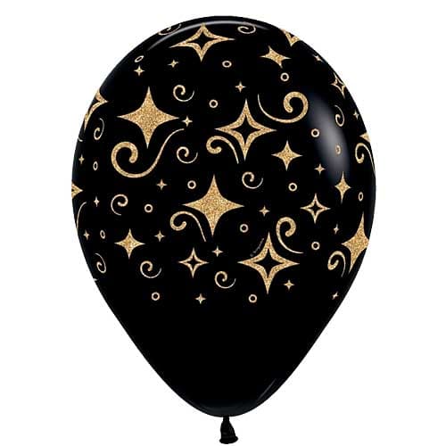 11" Golden Diamonds on Black Printed Latex Balloons by Betallatex