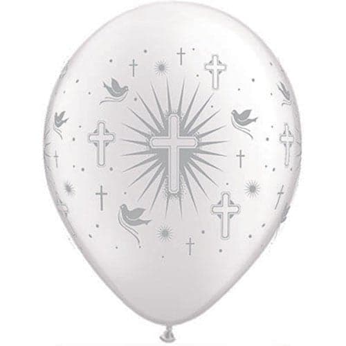 11" Cross & Doves on Pearl White w/ Silver Ink Printed Latex Balloons by Qualatex