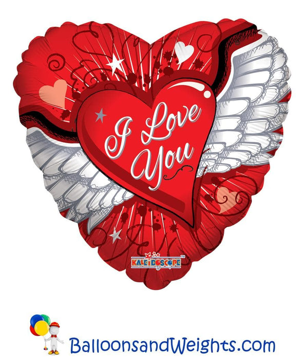 18 Inch I Love You Heart with Wings Foil Balloon | 100 pcs