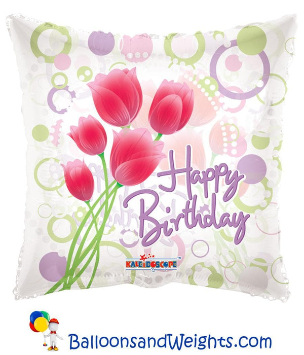 18 Inch Happy Birthday Tulips Clear View Foil Balloon | 100 pcs