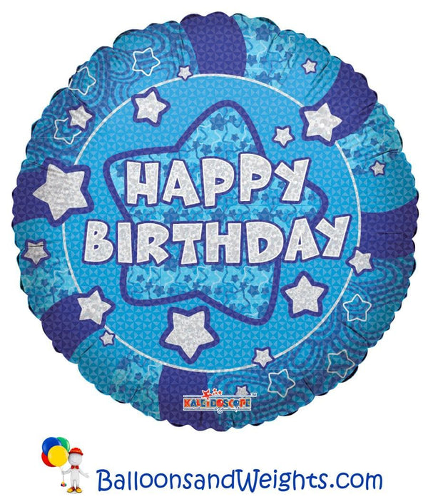 18 Inch Holographic Blue Happy Birthday Foil Balloon | 100 pcs