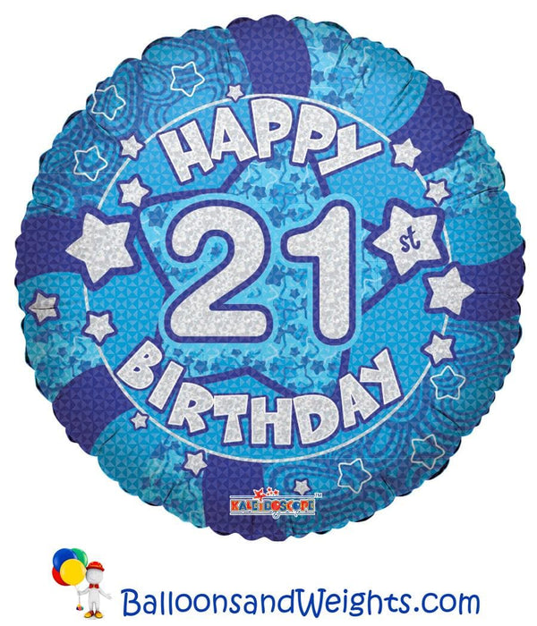 18 Inch Holographic Blue Happy 21st Birthday Foil Balloon | 100 pcs