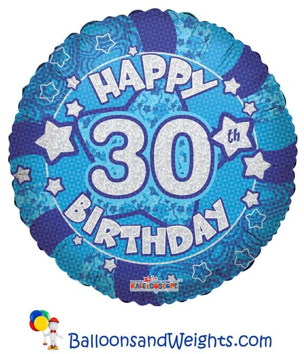 18 Inch Holographic Blue Happy 30th Birthday Foil Balloon | 100 pcs