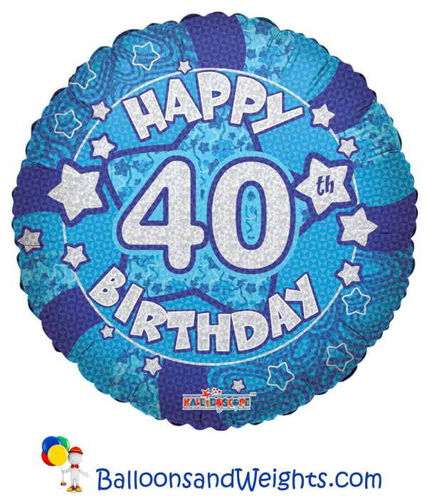18 Inch Holographic Blue Happy 40th Birthday Foil Balloon | 100 pcs