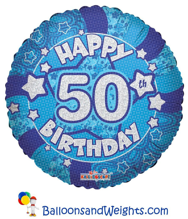 18 Inch Holographic Blue Happy 50th Birthday Foil Balloon | 100 pcs