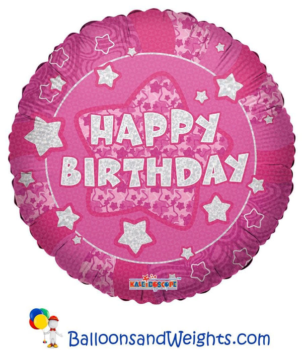18 Inch Holographic Pink Happy Birthday Foil Balloon | 100 pcs