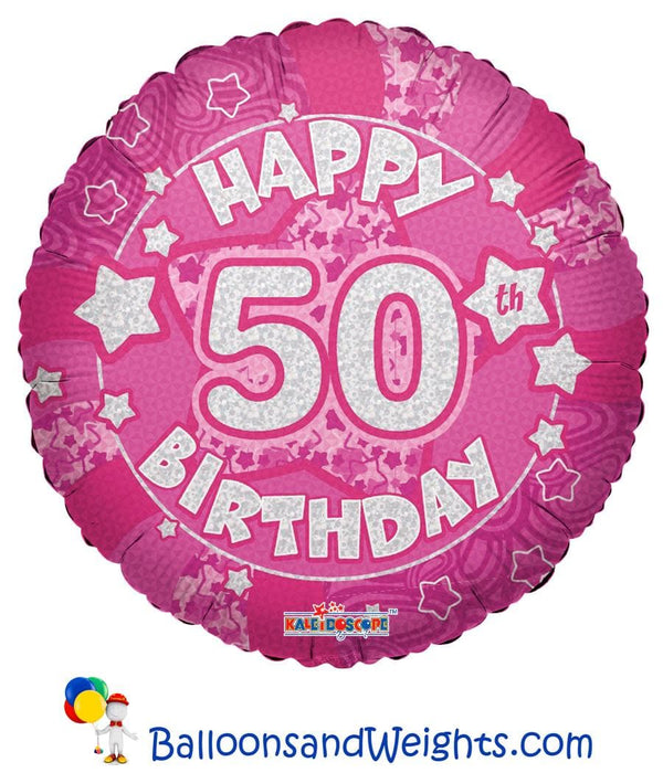 18 Inch Holographic Pink Happy 50th Birthday Foil Balloon | 100 pcs