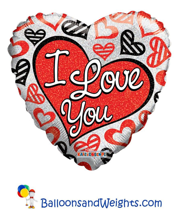 18 Inch I Love You Red and Black Hearts Foil Balloon | 100 pcs