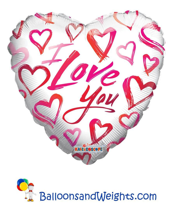18 Inch I Love You Sketchy Hearts Foil Balloon | 100 pcs