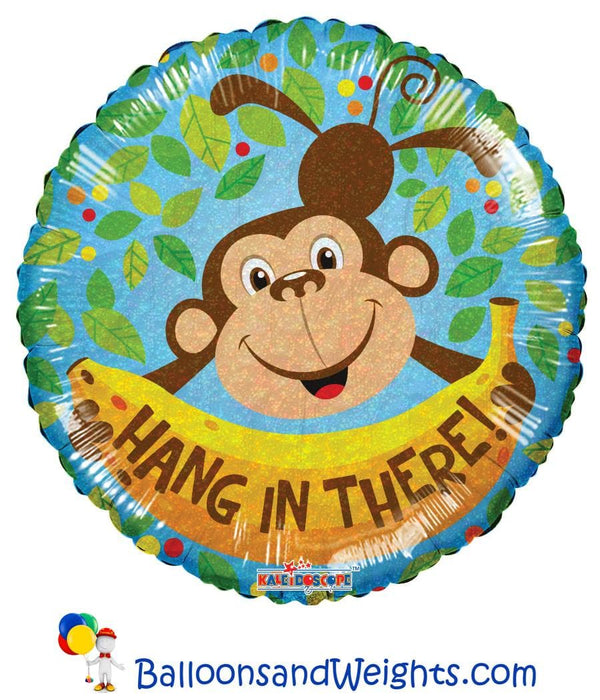 18 Inch Hang In There Monkey Holographic Foil Balloon | 100 pcs
